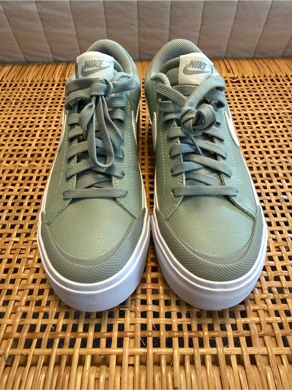 Nike Women's Sage Green Platform Sneakers with White Swoosh and Thick Sole
